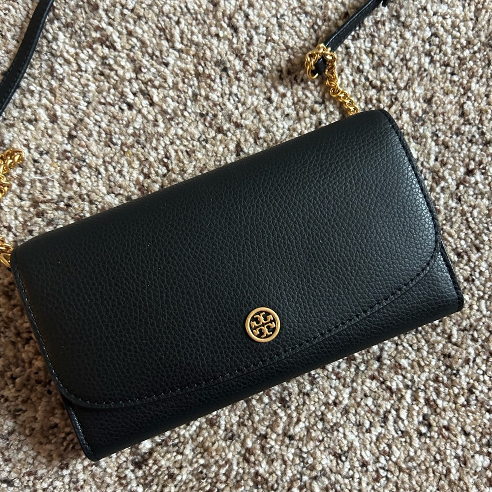 Tory Burch Black and Gold Crossbody Bag with Pebbled Leather